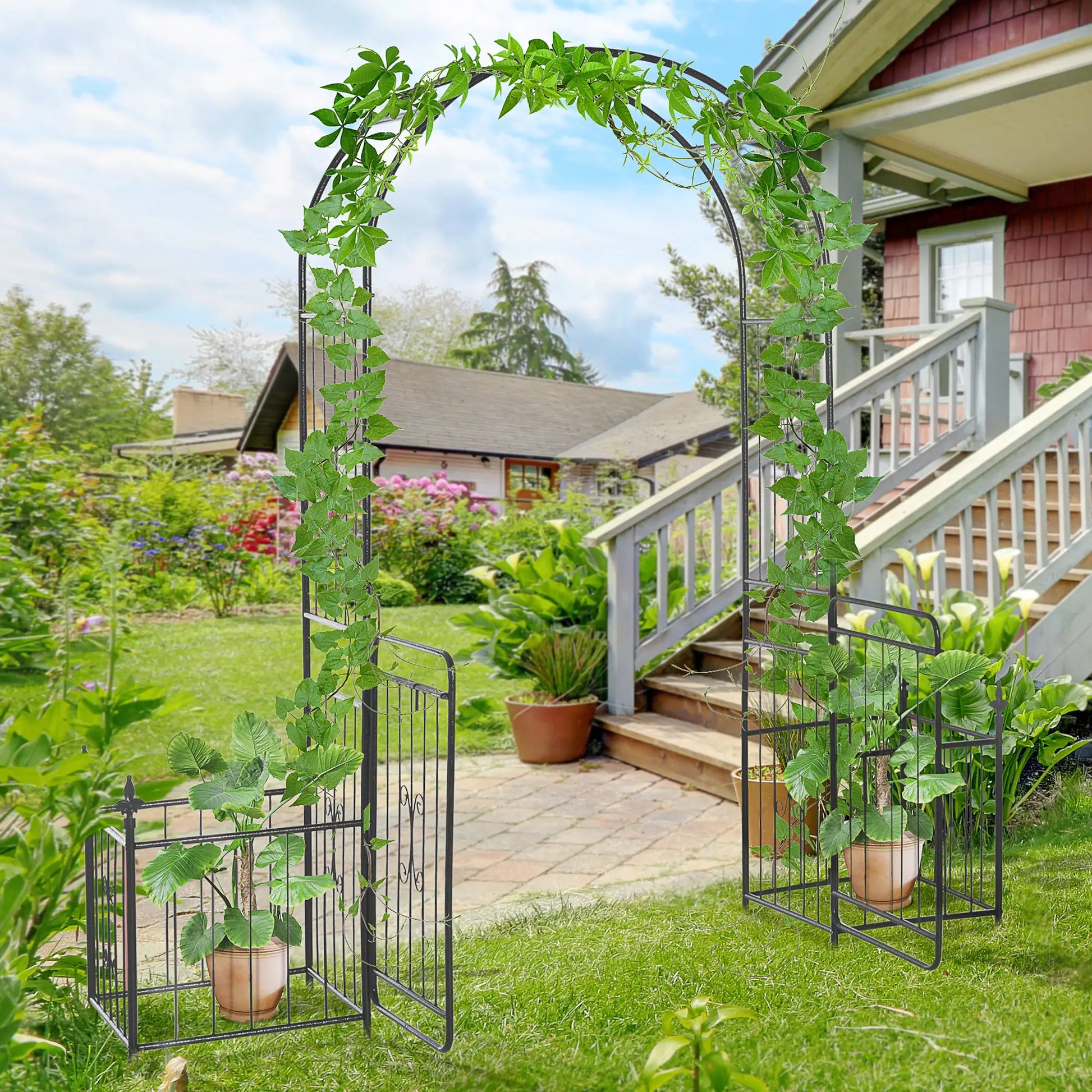 Outsunny Metal Garden Arbor Arch with Double Doors & Planter Baskets - Black