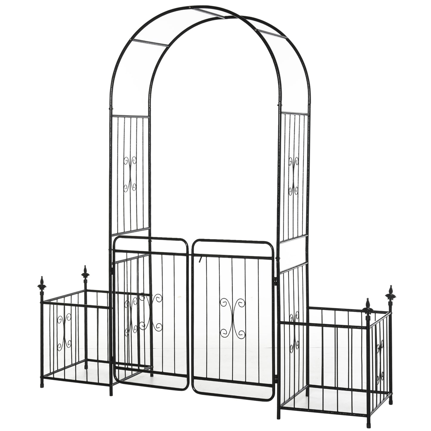 Outsunny Metal Garden Arbor Arch with Double Doors & Planter Baskets - Black