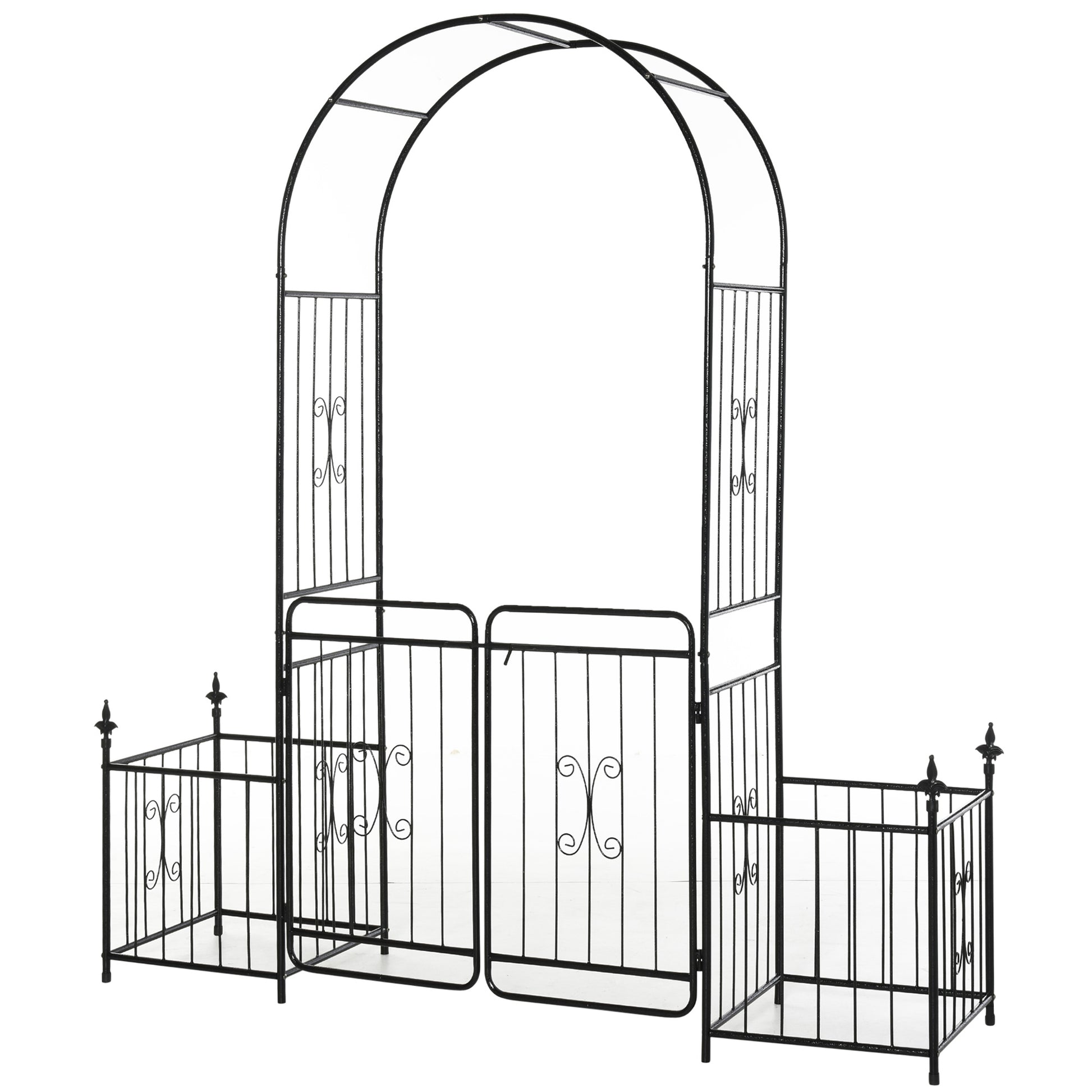 Outsunny Metal Garden Arbor Arch with Double Doors & Planter Baskets - Black