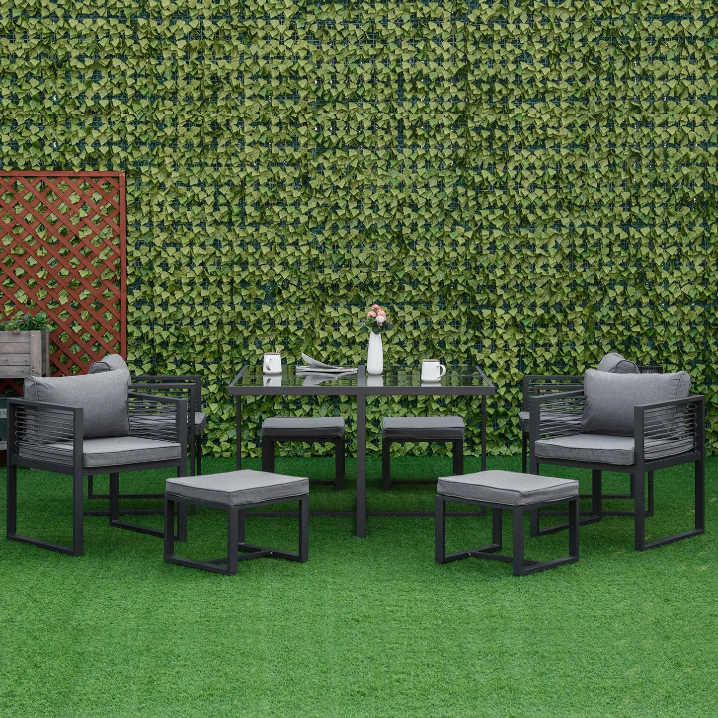 Outsunny Nine-Piece Aluminium Garden Set, with Glass-Top Table - Grey