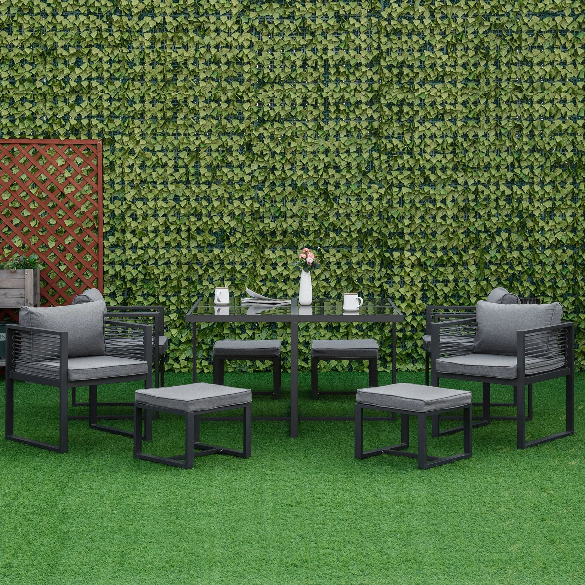 Outsunny Nine-Piece Aluminium Garden Set, with Glass-Top Table - Grey