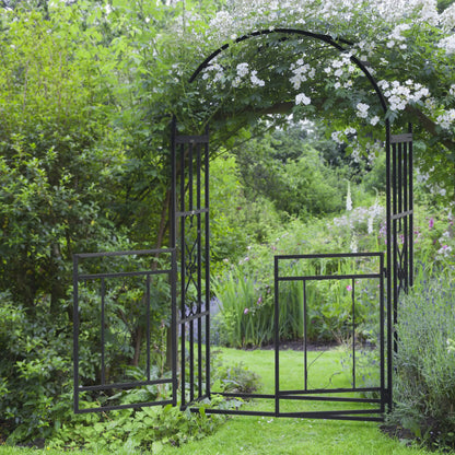 Outsunny Outdoor Garden Arch with Double Gates, Metal Garden Arbor for Climbing Plants, Roses, Vines, Wedding Arch for Outdoor, 114L x 50W x 206H cm, Dark Grey