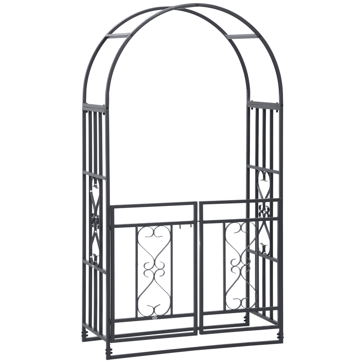 Outsunny Outdoor Garden Arch with Double Gates, Metal Garden Arbor for Climbing Plants, Roses, Vines, Wedding Arch for Outdoor, 114L x 50W x 206H cm, Dark Grey..