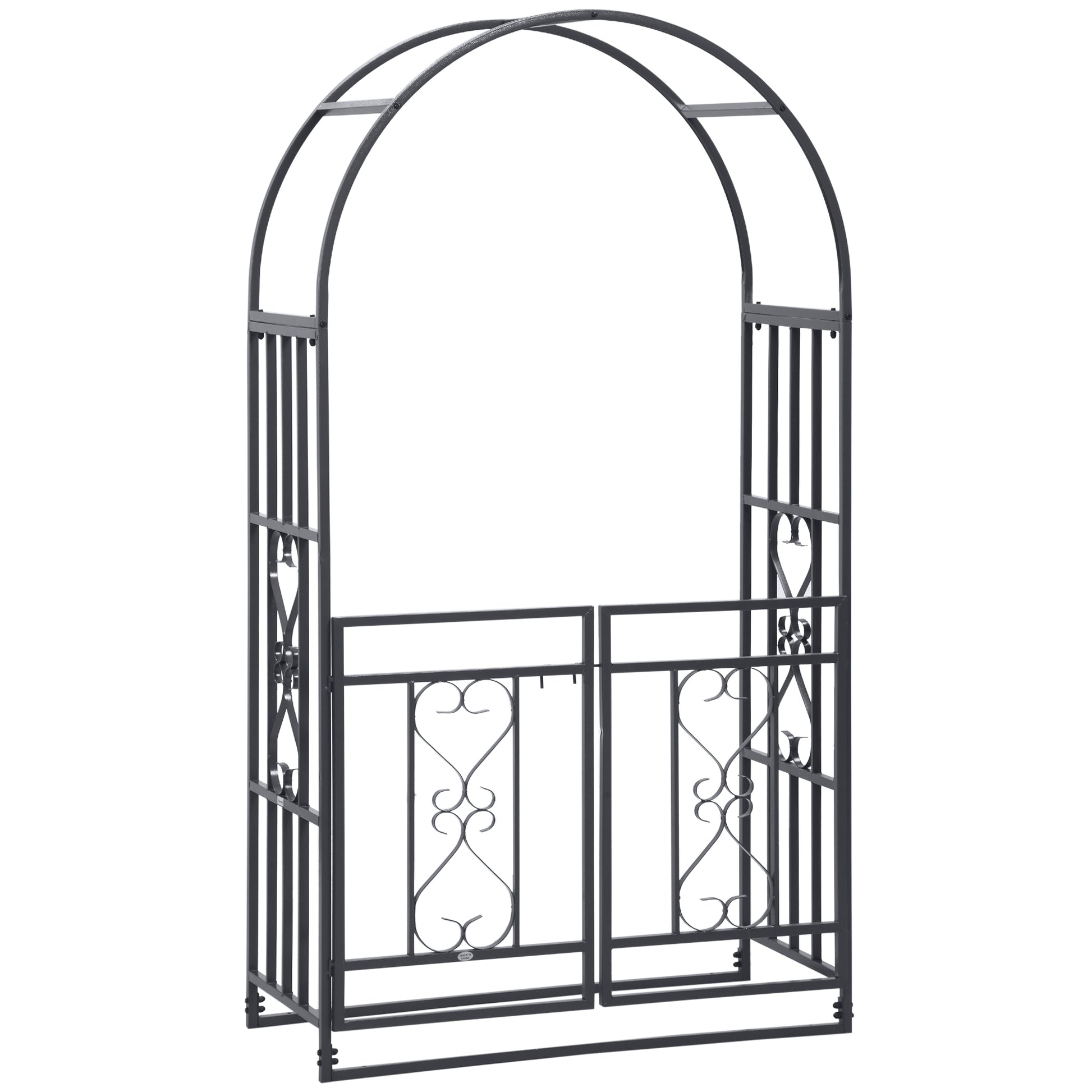 Outsunny Outdoor Garden Arch with Double Gates, Metal Garden Arbor for Climbing Plants, Roses, Vines, Wedding Arch for Outdoor, 114L x 50W x 206H cm, Dark Grey..