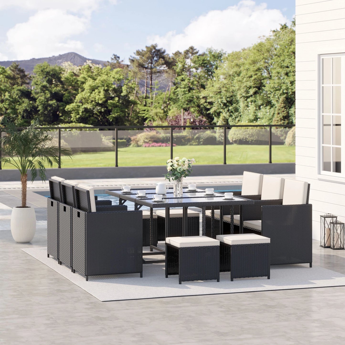 Outsunny Rattan Dining Set Garden Furniture Patio set 11 PC with Cushion Black /Milk White