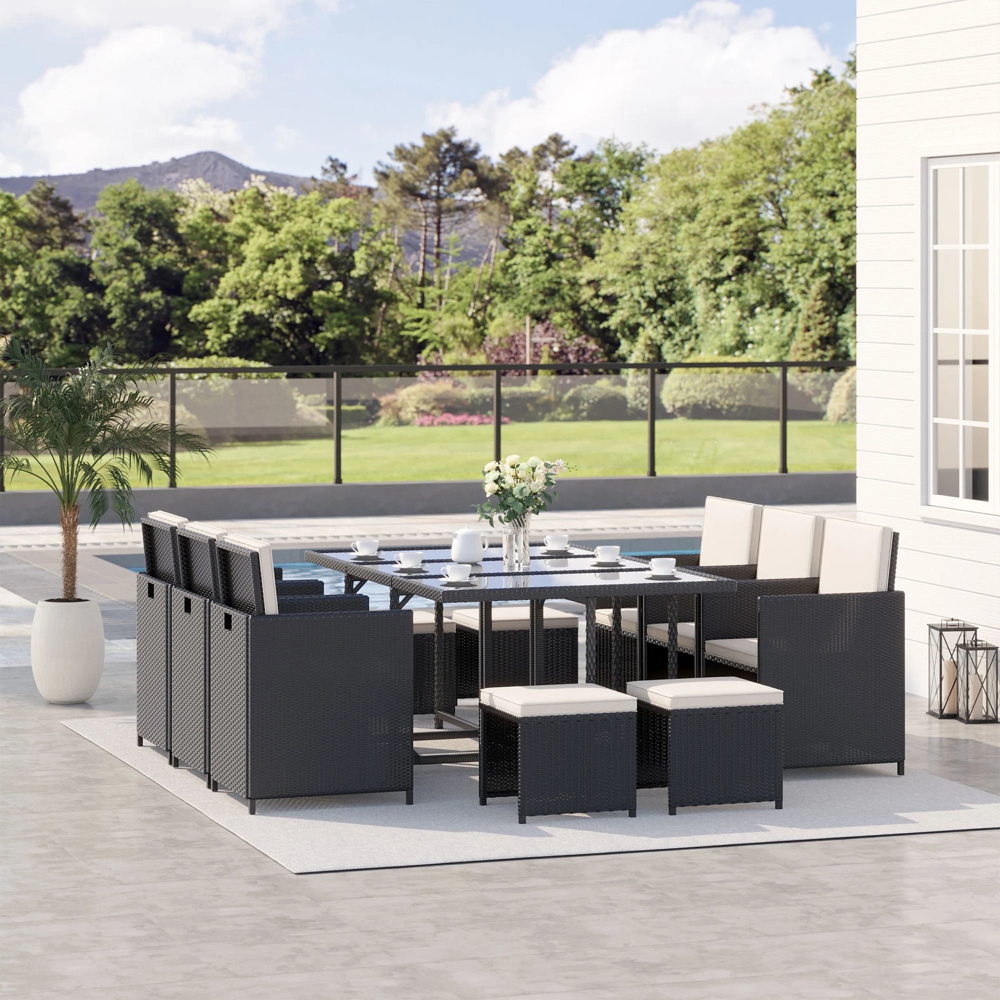 Outsunny Rattan Dining Set Garden Furniture Patio set 11 PC with Cushion Black /Milk White
