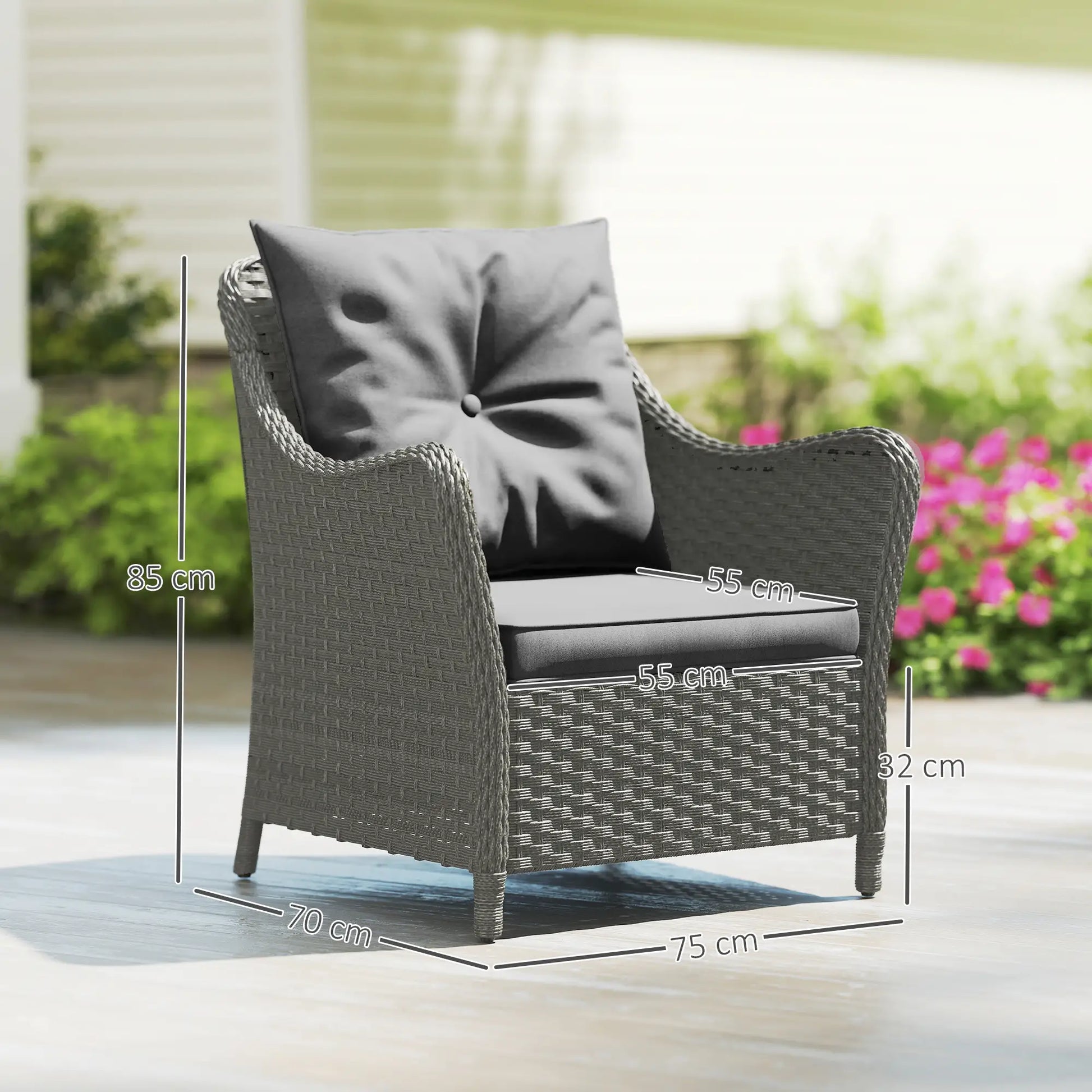 Outsunny Rattan Garden Chairs Set of 2, Outdoor Rattan Chairs with Cushions, Armrests and High Back, PE Wicker Garden Armchair with Steel Frame for Balcony, Porch, Dark Grey