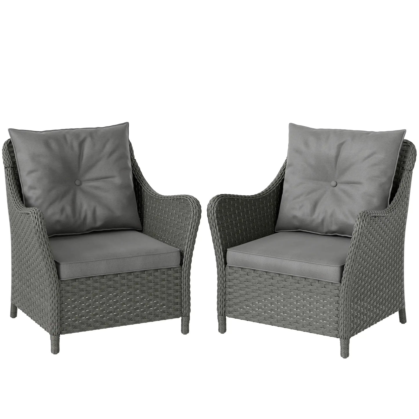 Outsunny Rattan Garden Chairs Set of 2, Outdoor Rattan Chairs with Cushions, Armrests and High Back, PE Wicker Garden Armchair with Steel Frame for Balcony, Porch, Dark Grey