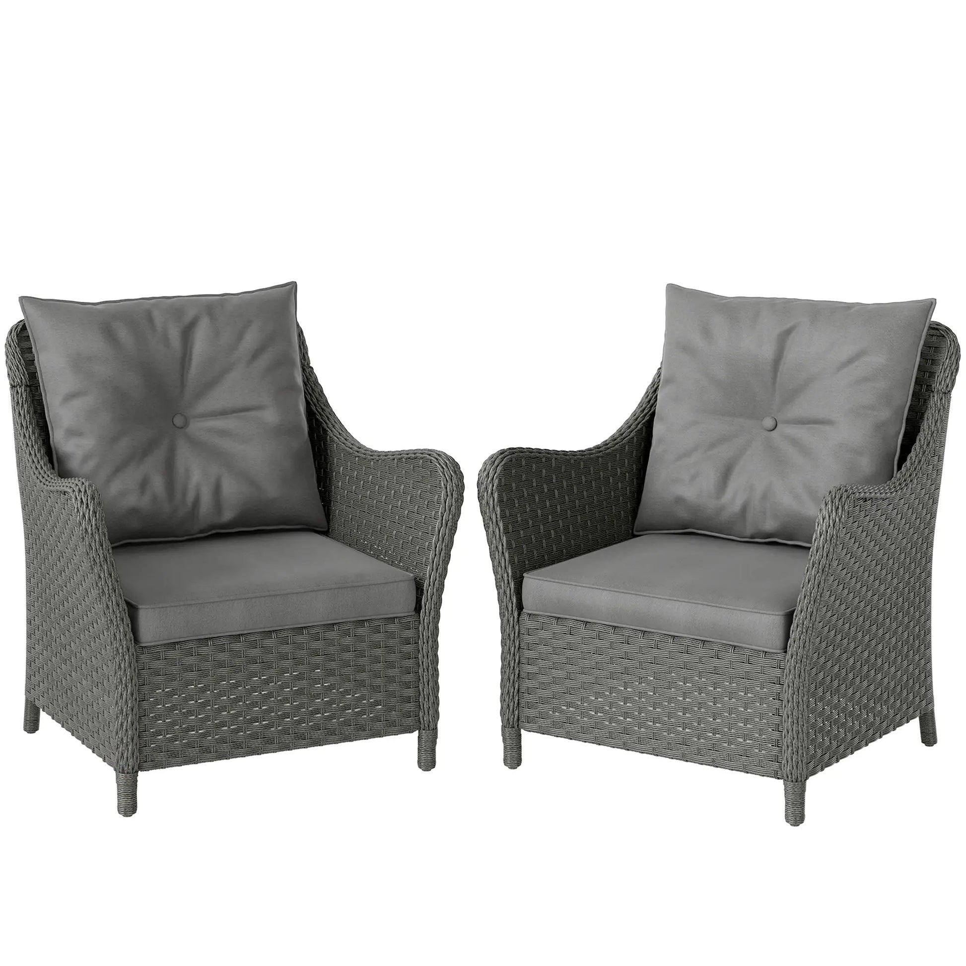 Outsunny Rattan Garden Chairs Set of 2, Outdoor Rattan Chairs with Cushions, Armrests and High Back, PE Wicker Garden Armchair with Steel Frame for Balcony, Porch, Dark Grey