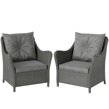 Outsunny Rattan Garden Chairs Set of 2, Outdoor Rattan Chairs with Cushions, Armrests and High Back, PE Wicker Garden Armchair with Steel Frame for Balcony, Porch, Dark Grey