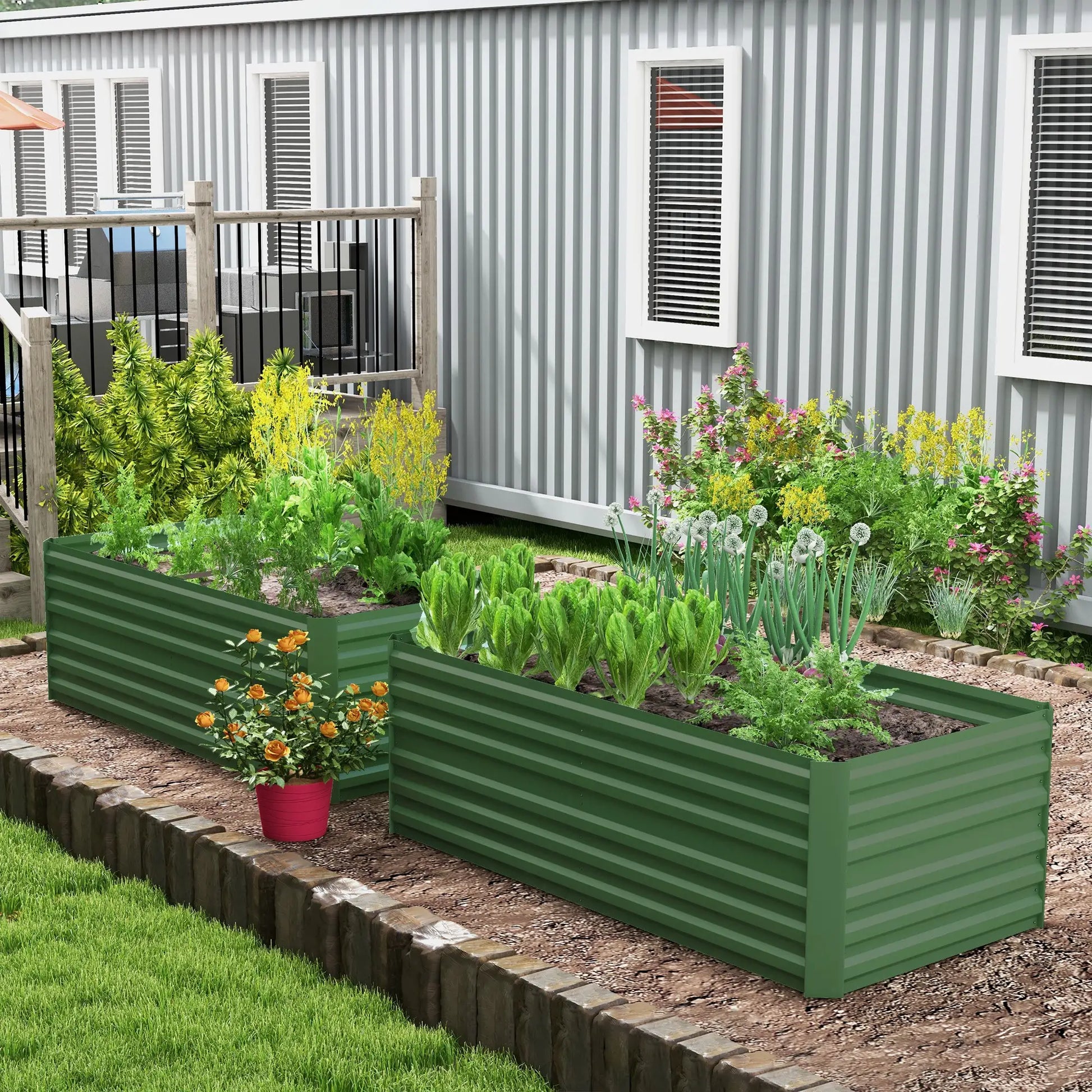 Outsunny Set of 2 Galvanised Steel Raised Garden Beds 180 x 90cm – Green