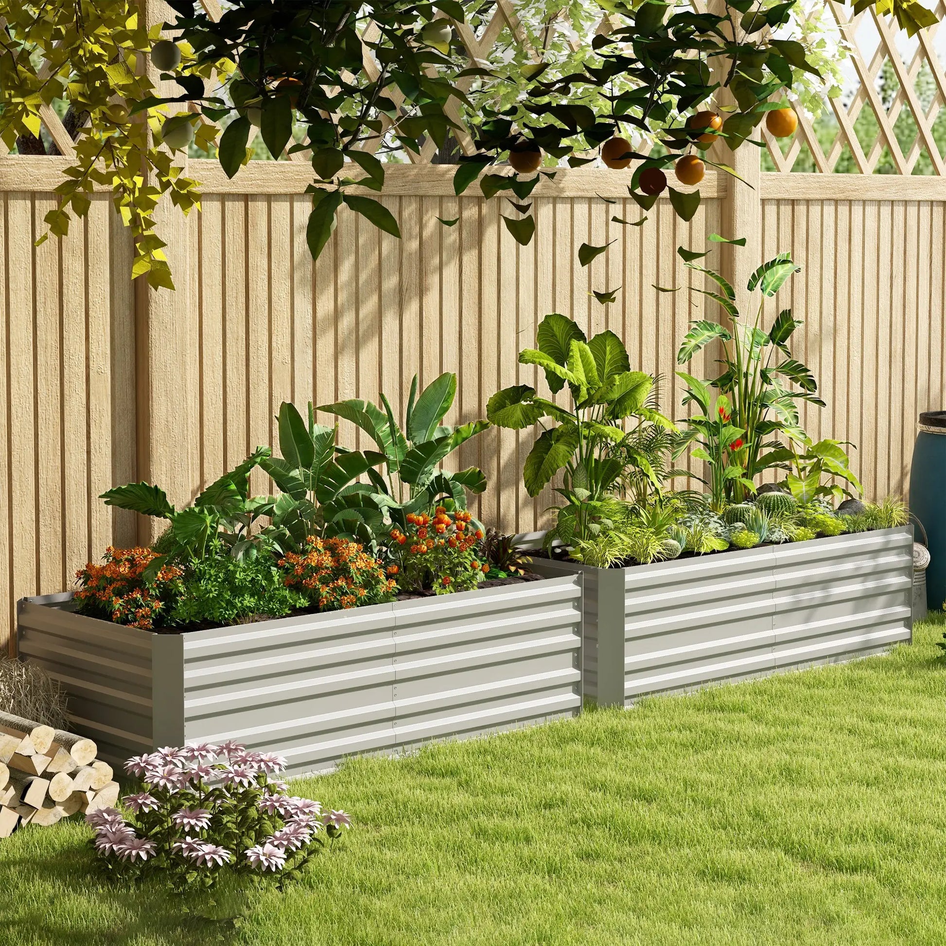 Outsunny Set of 2 Galvanised Steel Raised Garden Beds 180 x 90cm – Light Grey