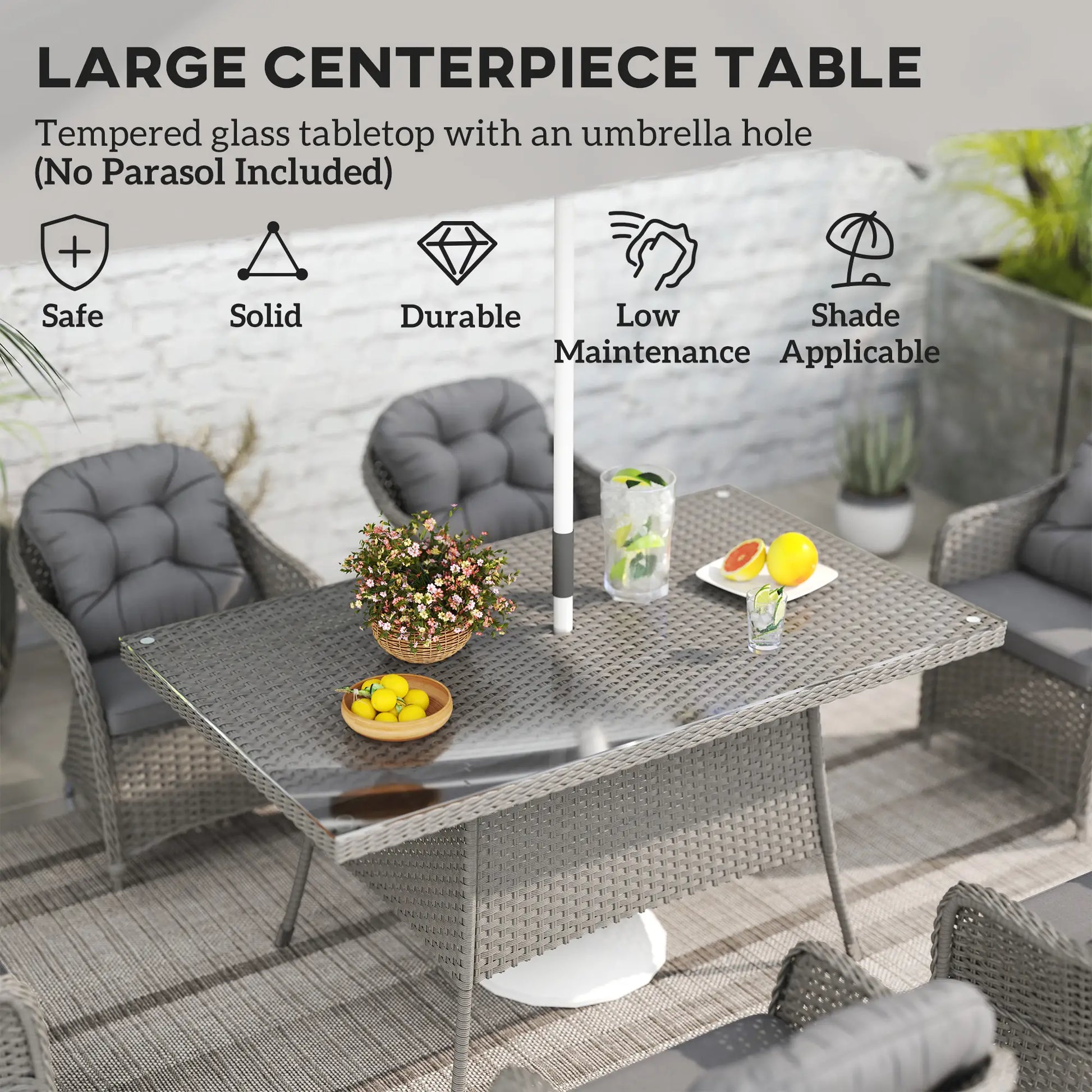 Outsunny Seven-Piece Rattan Dining Set - Light Grey