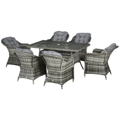 Outsunny Seven-Piece Rattan Dining Set with Tempered Glass Table Top and Parasol Hole - Grey