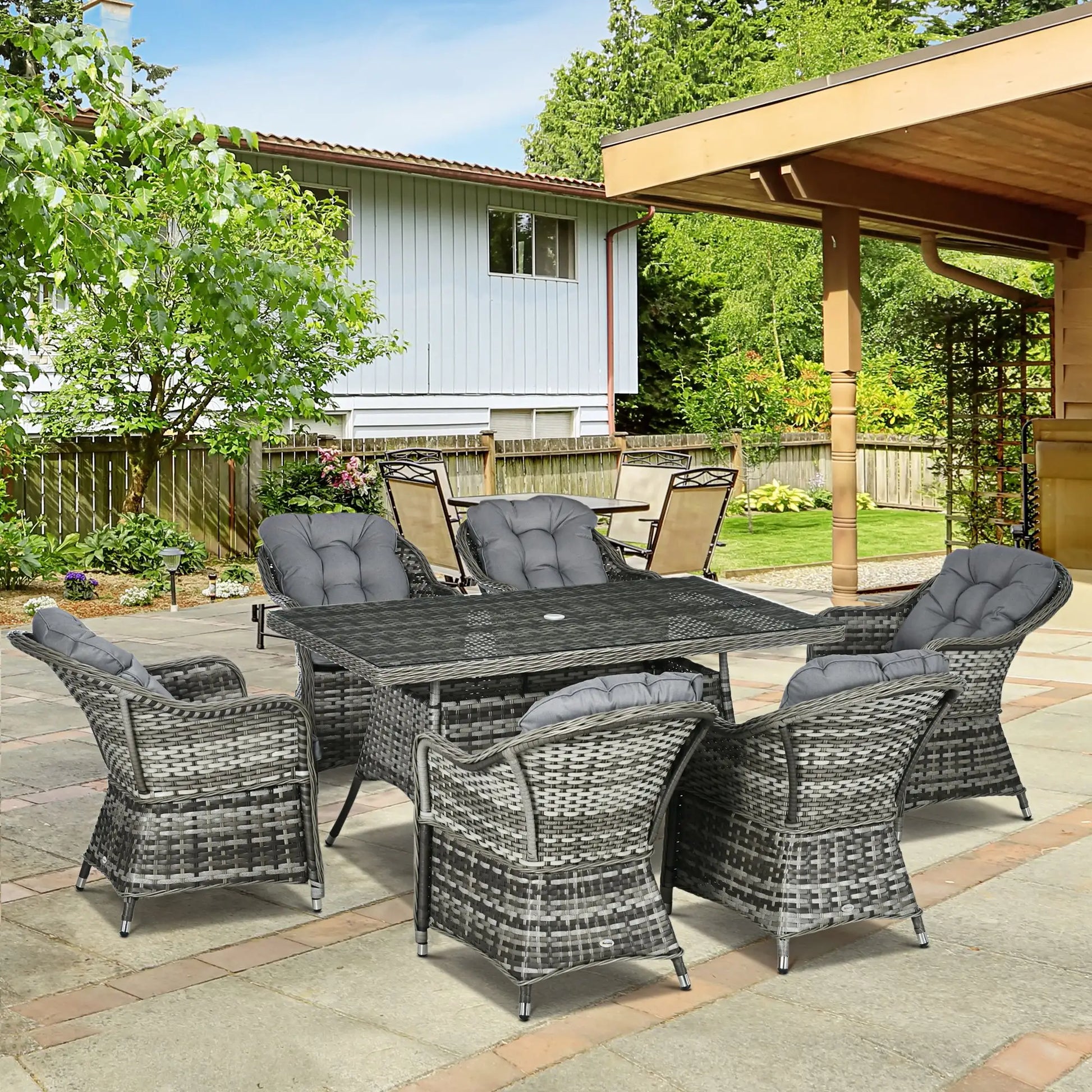Outsunny Seven-Piece Rattan Dining Set with Tempered Glass Table Top and Parasol Hole - Grey