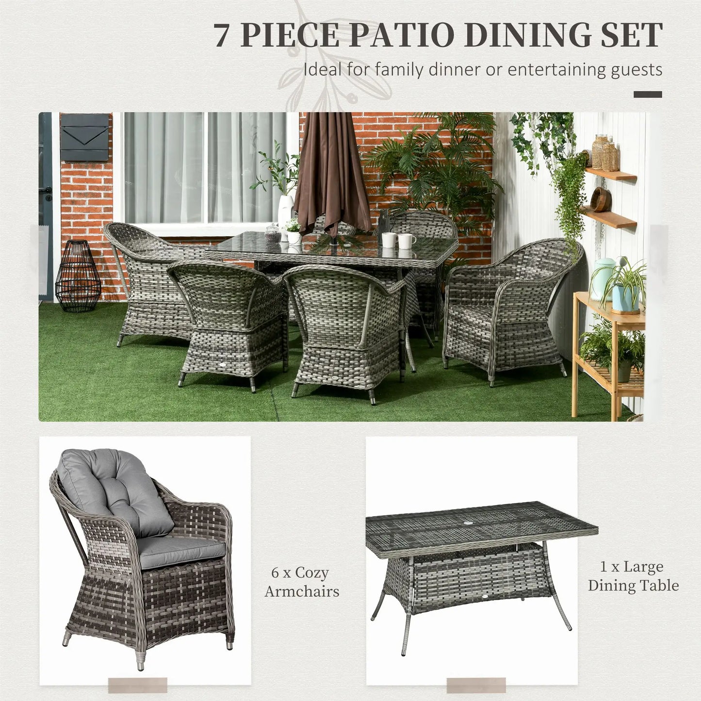 Outsunny Seven-Piece Rattan Dining Set with Tempered Glass Table Top and Parasol Hole - Grey