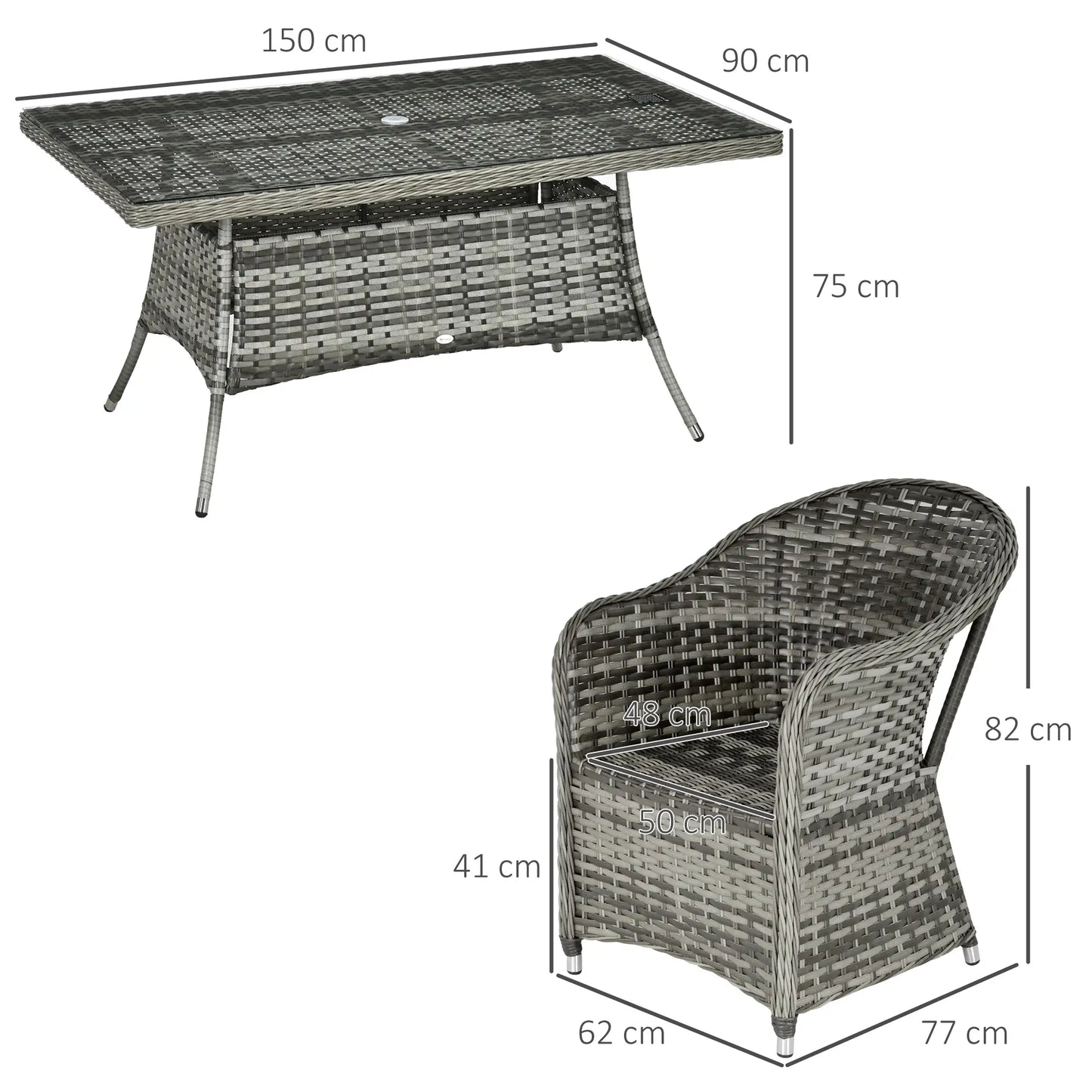 Outsunny Seven-Piece Rattan Dining Set with Tempered Glass Table Top and Parasol Hole - Grey