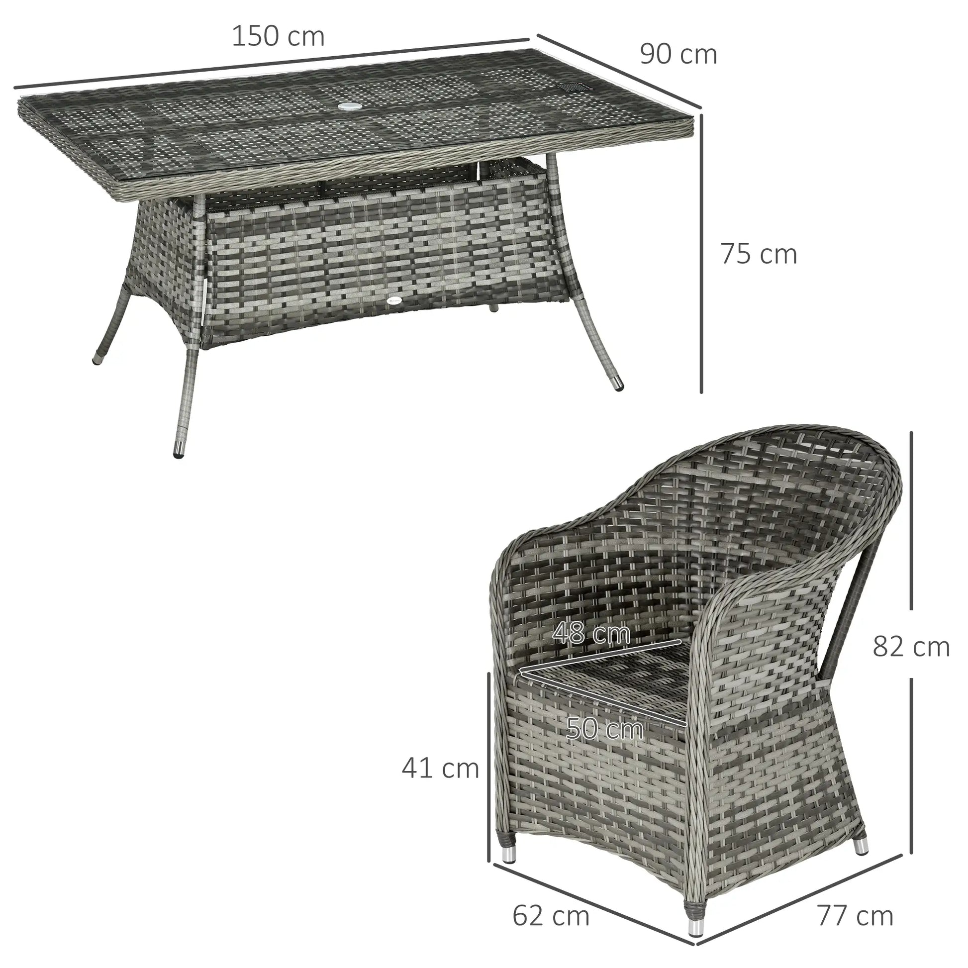 Outsunny Seven-Piece Rattan Dining Set with Tempered Glass Table Top and Parasol Hole - Grey