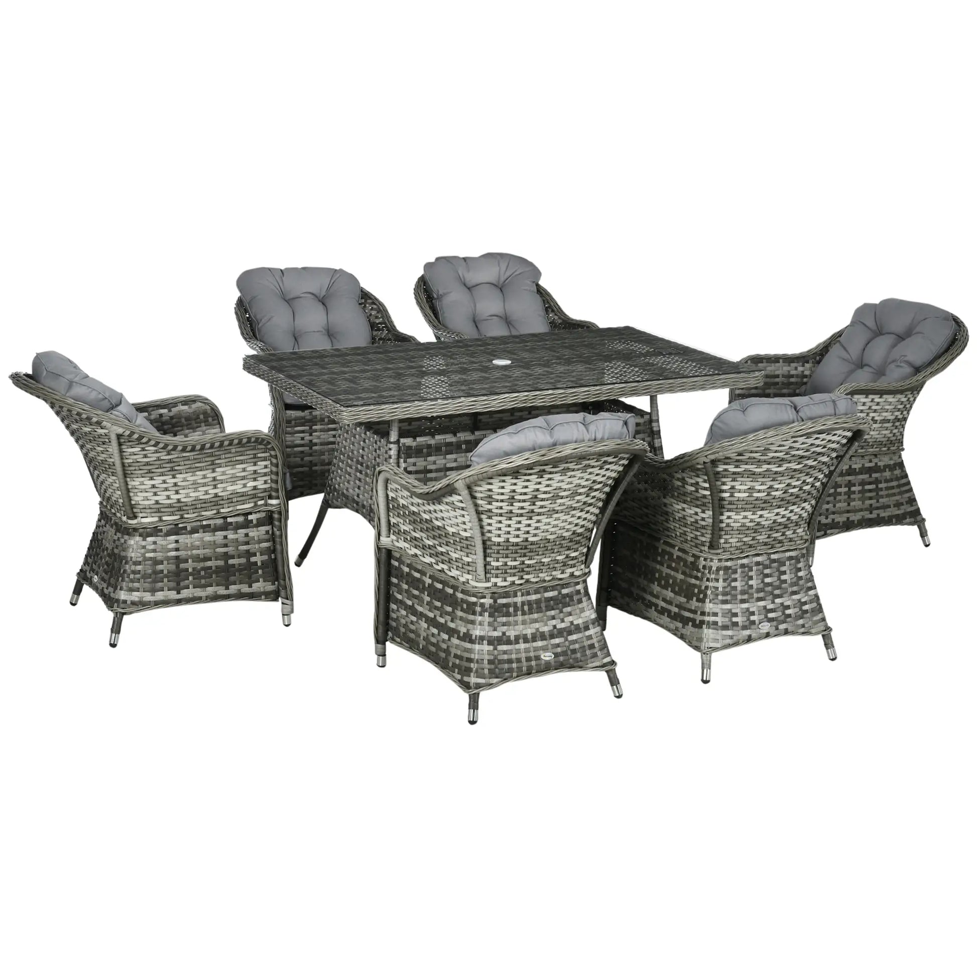 Outsunny Seven-Piece Rattan Dining Set with Tempered Glass Table Top and Parasol Hole - Grey
