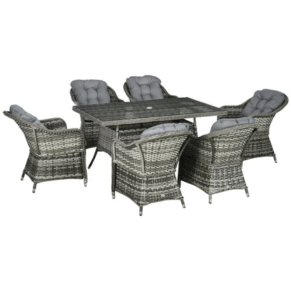 Outsunny Seven-Piece Rattan Dining Set with Tempered Glass Table Top and Parasol Hole - Grey