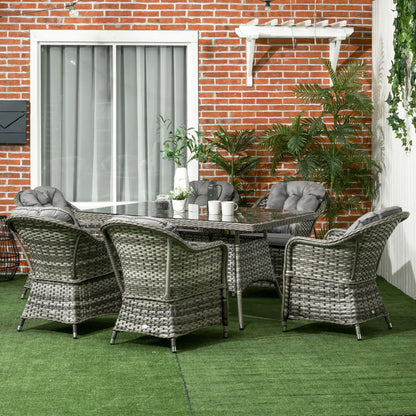 Outsunny Seven-Piece Rattan Dining Set with Tempered Glass Table Top and Parasol Hole - Grey
