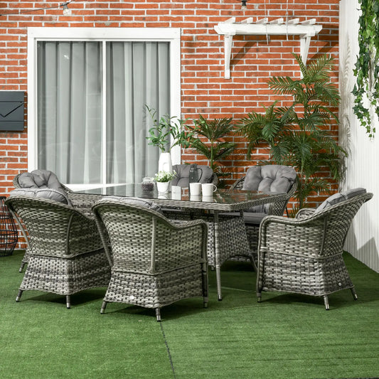 Outsunny Seven-Piece Rattan Dining Set with Tempered Glass Table Top and Parasol Hole - Grey