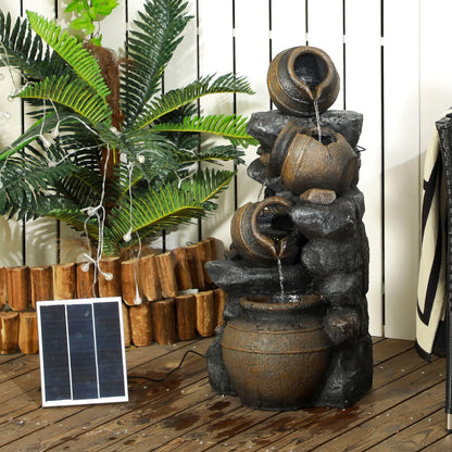 Outsunny Solar Powered Garden Water Feature with LED Lights and Pump, 4 Tier Cascading Water Fountain for Indoor/Outdoor, Jars Waterfall Ornament, 72cm Height