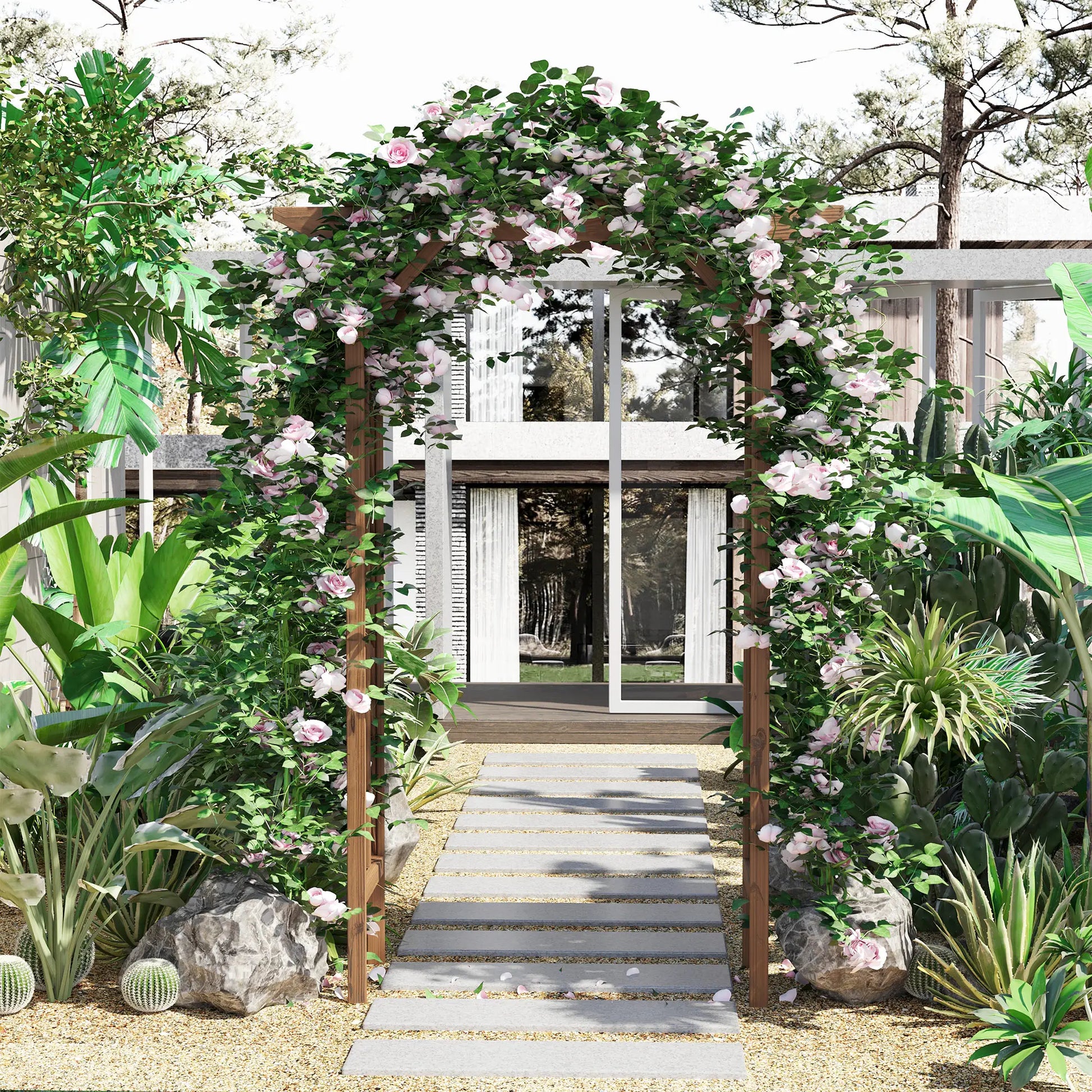 Outsunny Wooden Garden Arbor Arch Trellis with Pergola Roof