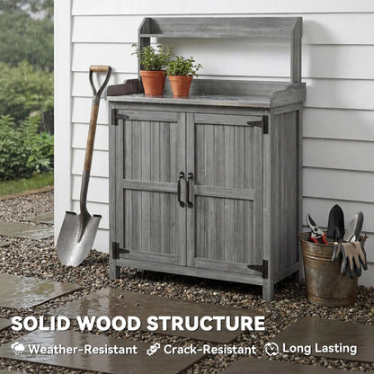 Outsunny Wooden Potting Bench Table with Aluminium Worktop, Outdoor Garden Workbench with Top Shelf and Cabinet Storage