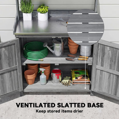 Outsunny Wooden Potting Bench Table with Aluminium Worktop, Outdoor Garden Workbench with Top Shelf and Cabinet Storage
