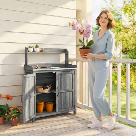 Outsunny Wooden Potting Bench Table with Aluminium Worktop, Outdoor Garden Workbench with Top Shelf and Cabinet Storage