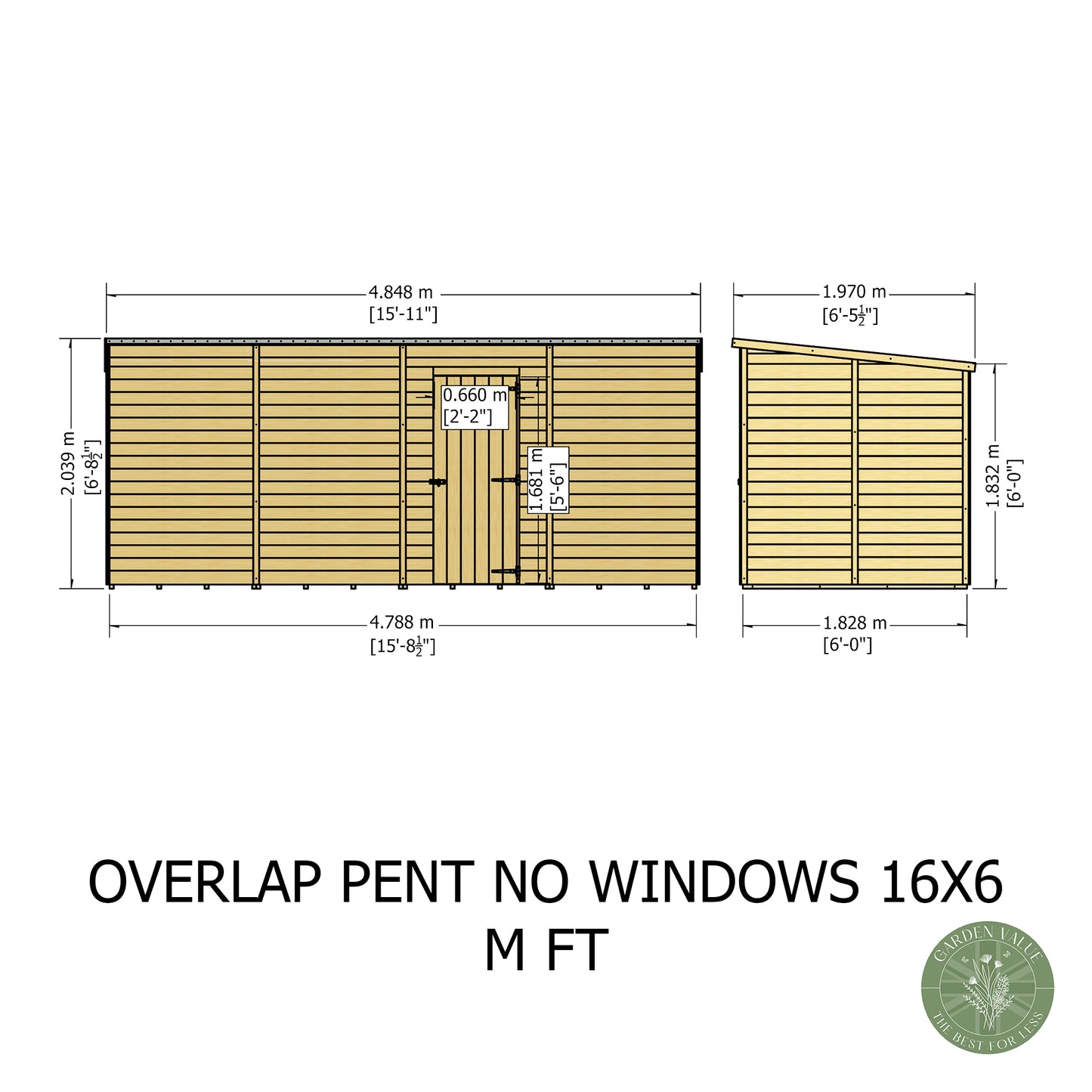 Shire 16x6 Overlap Single Door Pent Shed No Windows OVPN1606DOL-1AA