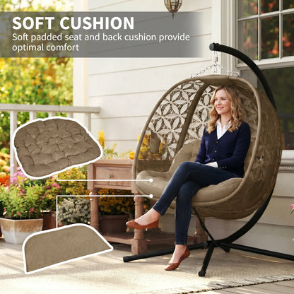 Outsunny Outdoor Double Hanging Chair with Cushion and Cup Holders, Sand Brown