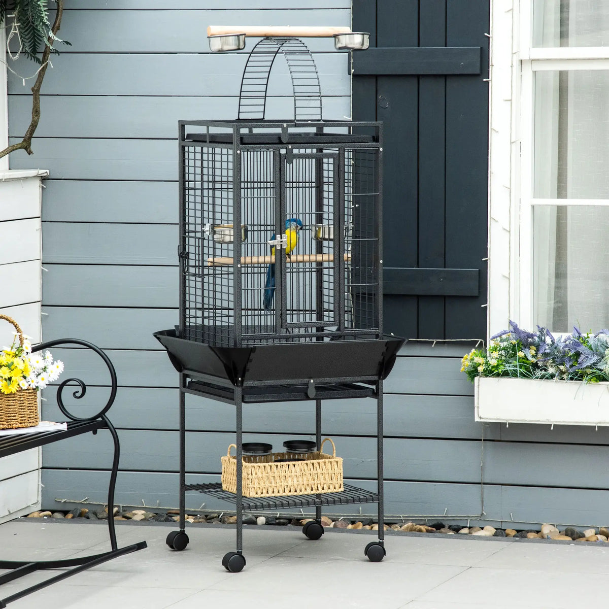 PawHut 156cm Bird Cage with Open Play Top, Perches & Wheels – Dark Grey