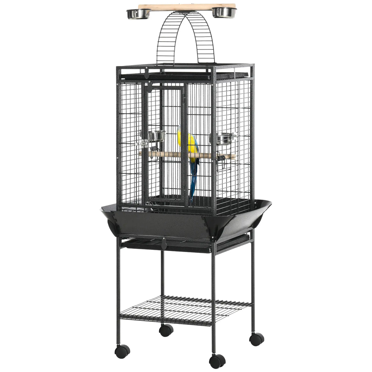 PawHut 156cm Bird Cage with Open Play Top, Perches & Wheels – Dark Grey