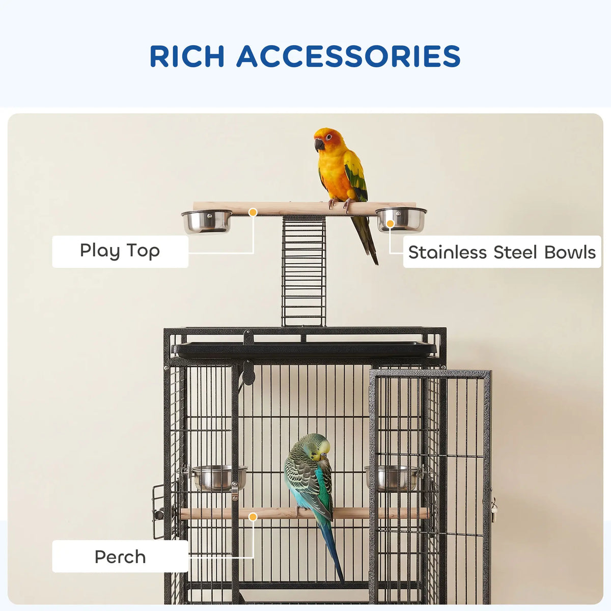 PawHut 156cm Bird Cage with Open Play Top, Perches & Wheels – Dark Grey