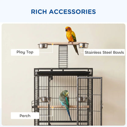 PawHut 156cm Bird Cage with Open Play Top, Perches & Wheels – Dark Grey