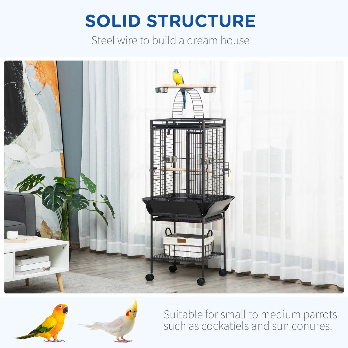 PawHut 156cm Bird Cage with Open Play Top, Perches & Wheels – Dark Grey