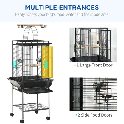 PawHut 156cm Bird Cage with Open Play Top, Perches & Wheels – Dark Grey