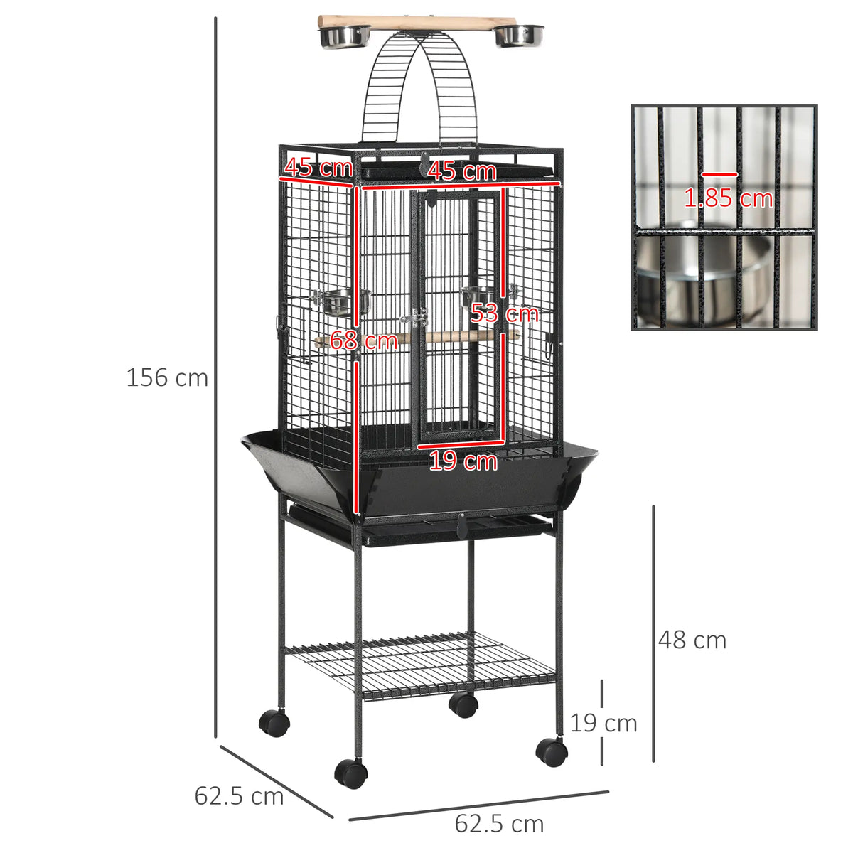 PawHut 156cm Bird Cage with Open Play Top, Perches & Wheels – Dark Grey