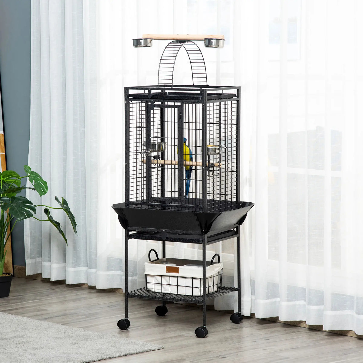 PawHut 156cm Bird Cage with Open Play Top, Perches & Wheels – Dark Grey