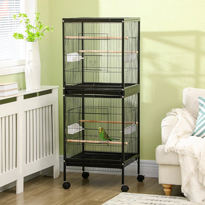 PawHut 2-in-1 Large Bird Cage with Wheels & Removable Trays – Black