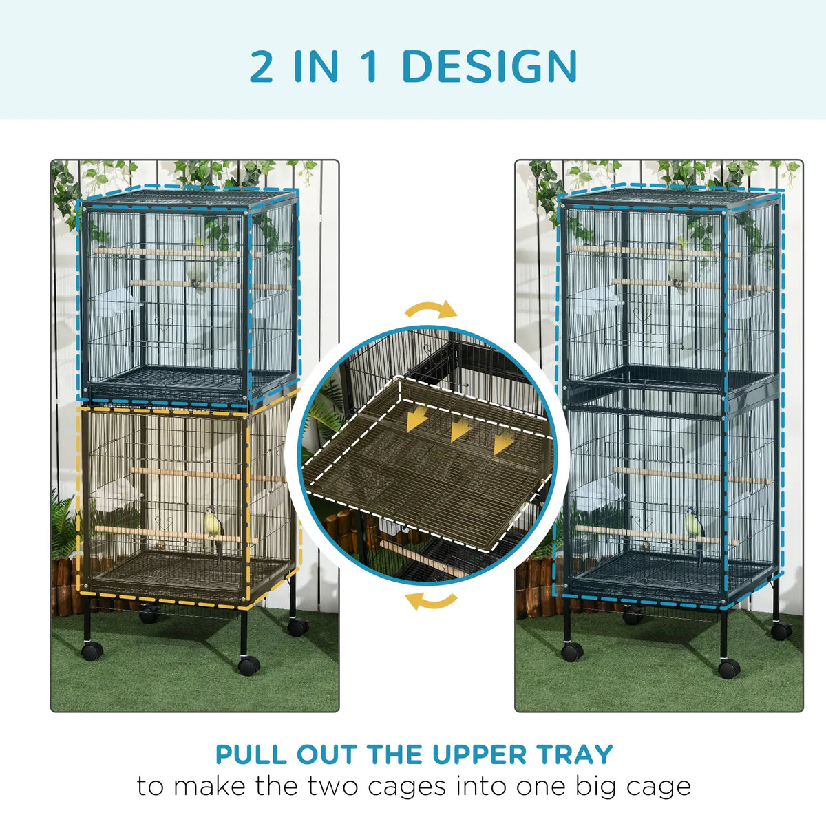 PawHut 2-in-1 Large Bird Cage with Wheels & Removable Trays – Black