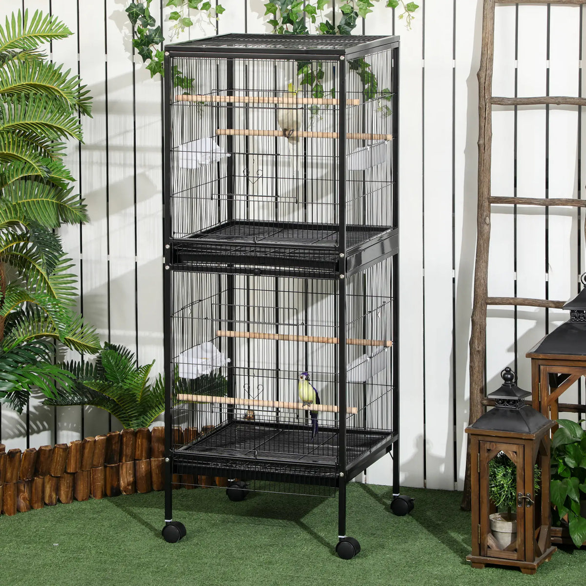PawHut 2-in-1 Large Bird Cage with Wheels & Removable Trays – Black