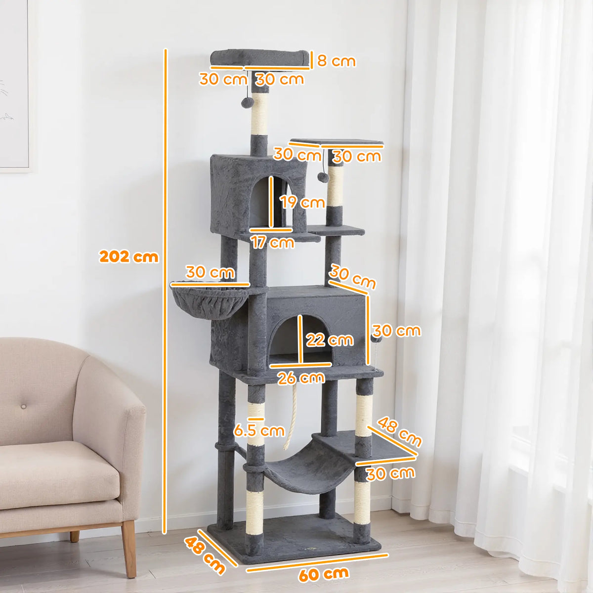 PawHut 202cm Large Cat Tree with Scratching Posts, Hammocks & Condos – Dark Grey...........