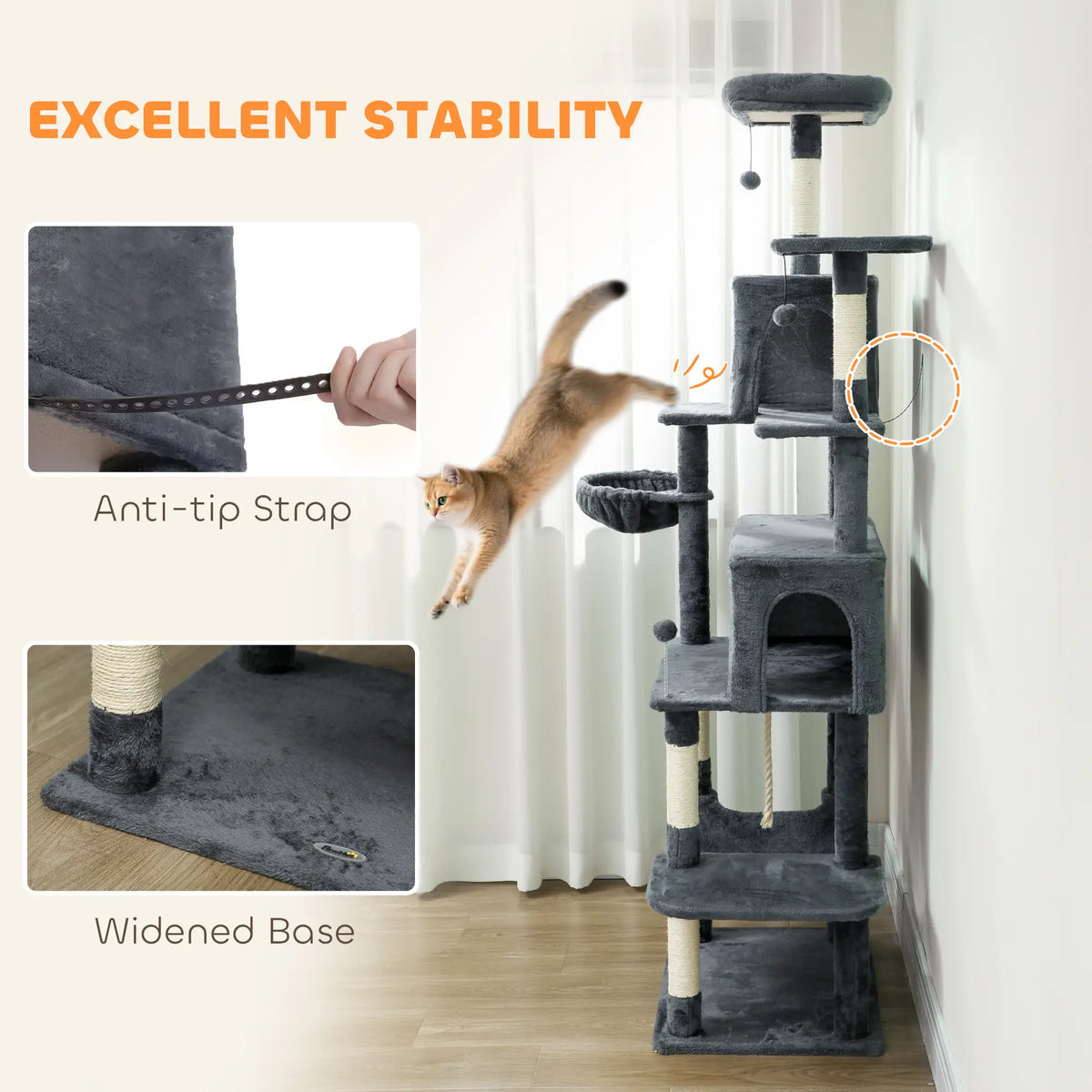 PawHut 202cm Large Cat Tree with Scratching Posts, Hammocks & Condos – Dark Grey