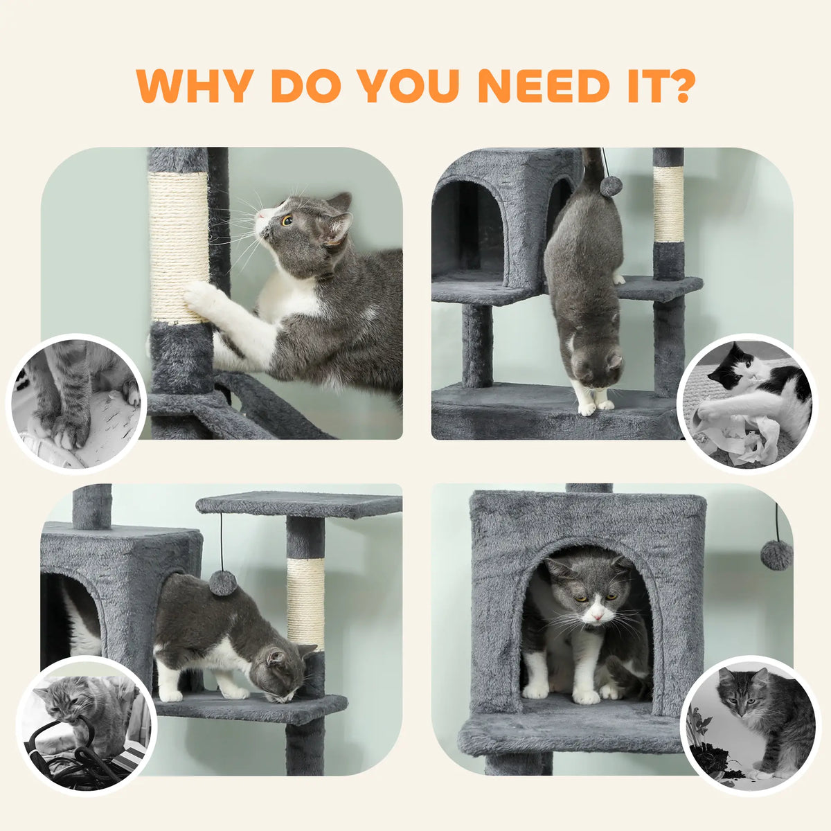 PawHut 202cm Large Cat Tree with Scratching Posts, Hammocks & Condos – Dark Grey