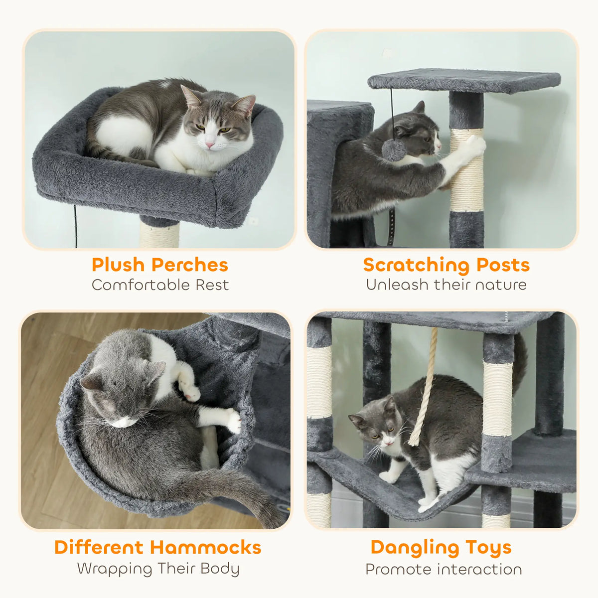 PawHut 202cm Large Cat Tree with Scratching Posts, Hammocks & Condos – Dark Grey