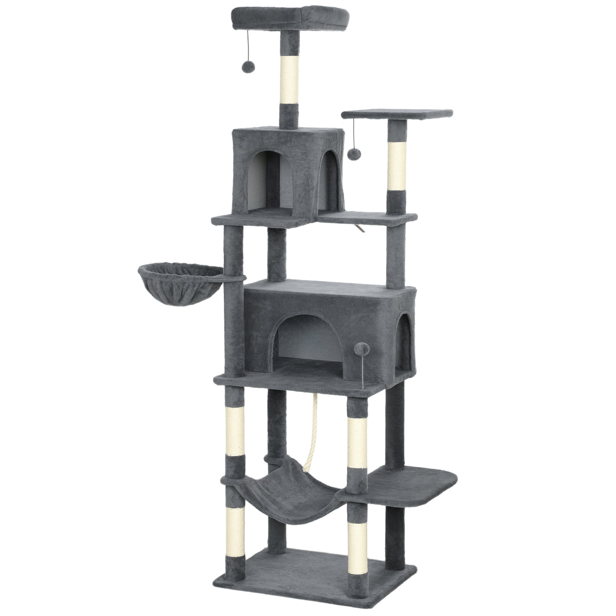 PawHut 202cm Large Cat Tree with Scratching Posts, Hammocks & Condos – Dark Grey