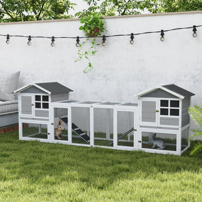 PawHut 2 in 1 Rabbit Hutch Outdoor Guinea Pig Hutch Bunny Run Double Main House with Run, No-Leak Tray 259 x 64 x 92cm, Grey